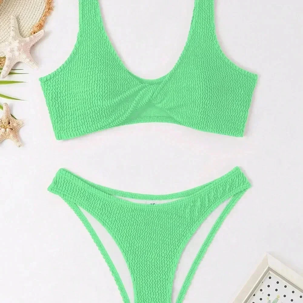 Green Sexy Women's Ruched Texture Twist Front Bikini Set